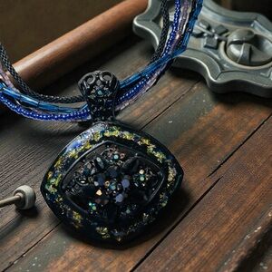 Vintage Chico’s Multi-Strand Beaded Black and Blue Pendant Statement Necklace